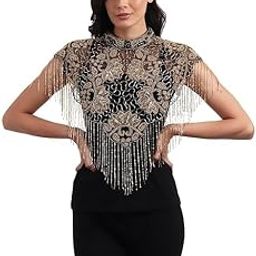 Women's Net Hand Bead Embroidery Designer Short Cape Poncho CN C-16 (Free Size, Black Golden)-17