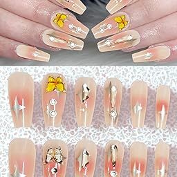 Press-On Nails Set | 12-Piece Reusable Artificial Stick-On Nails with Stylish Designs | Glossy Finish, Long Shape | For Girls & Women (Nude Glam Gold)-picture-41