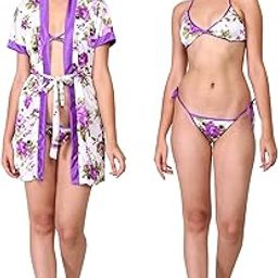 Riyasat Fashion Nightwear for Women's Satin Nighty Robe with Bra and Panty Set (Free Size) Purple-image-8