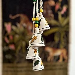 Gathari Macrame Symphony, 4 Mini Ceramic Bells Home Wall Décor Handmade Home Wall Décor, Wind Chime. (Yellow & Green)-image-2