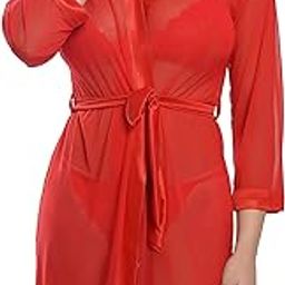 Women's Sheer Mesh Satin Bordered Nightwear Robe with Matching g-String Panty-picture-12