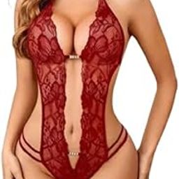 Garnet Glow Pearl Lace Babydoll Lace Bodysuit Lingerie for Women | Halter Neck One Piece-image-62