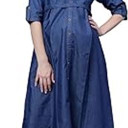 Women's Cotton Denim Mandarin Collared Maternity Dress Feeding Kurti with Zipper (1497-Midnight Blue_2XL)-image-25