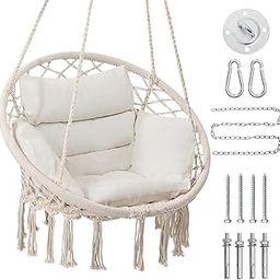 KROFEM Macrame Hammock Hanging Swinging Chair, Perfect for Bedroom, Porch, Kids, Adults, Balcony with Thick Cushion Beige (Ceiling Mounting Hardware Not Included)-image-66