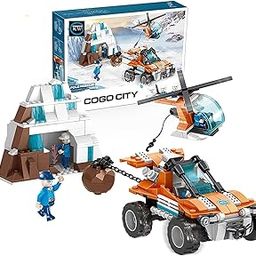 EXOMOON City Arctic Pole Rescue Building Set Kids Educational Assemble Set with Snow Vehicle and Helicopter 378 Pieces-image-9