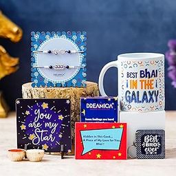 Dreamica Rakhi Gift Combo for Brother | Printed Mug with 2 Designer Rakhi, Desktop Frame Standee, Keychain, 8 Scratch Cards, Greeting Card & Tilak Set | Raksha Bandhan Hamper (Rakhi-135)-50