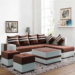 CASASTYLE - Stylio 8 Seater RHS L Shape Sofa Set with Centre Table & 2 Puffy Fabric - (Brown-Light Grey)-6