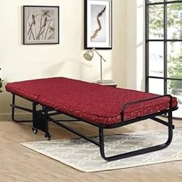 Spacepanda Edison Rollaway Folding Single Bed with MS Powder Coated Frame and 3 Inch Foam Mattress | 4 Lockable Wheels to Move Around | Folding Bed for Living Room, Home and Hospital in Maroon Color-image-44