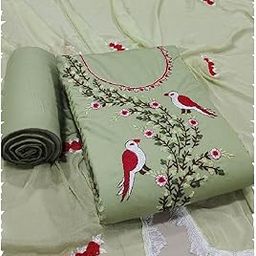 Women's Fancy Trending Cotton Exclusive Sparrow Theme Embroidery Work Unstitched Salwar Suit Dress Material With Pure Nazneen Work Dupatta (Top+Bottom+Dupatta)-image-36