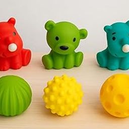 Colorsberry Classic Assorted Rubber Bath Toys, for Toddlers & Kids, 6 Pieces - 3 Colorful Animal & 3 Colorful Balls, Baby Safe, Squeeze Sound Squeaky Chuchu Bathtub Toys-image-89
