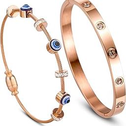 evil eye bracelet for women stylish Evil Eye Bangles for women Anti Tarnish Adjustable hand Rose gold Bracelet for girls Kada for Women Magnet Accessories Jewellery friendship crystal combo-image-2