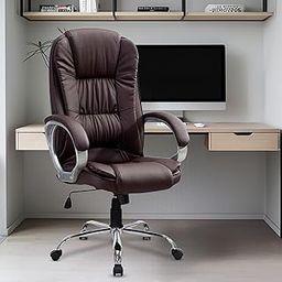 MRC M061 Ergonomic High Back Premium Leatherette Office Chair with Fixed Armrests, Heavy Duty Chrome Base,| Home Office Desk Chair, 3 Years Warranty,Pre-Assembled (Brown)-image-1
