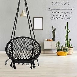 Swingzy Cotton Netted Rope Hanging Swing Chair for Adults & Kids/Swing for Balcony/Outdoor Swing Chair with Chain/Hammock Swing for Home, Patio, Garden/Hanging Chair Jhula (120 Kg Capacity, Black)-image-2