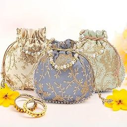 Kuber Industries Pack of 3 Potli Bags for Ladies & Girls | Shagun Pouches for Festive Seasons | Embroidery Bridal Purse -Cream Green & Grey-52