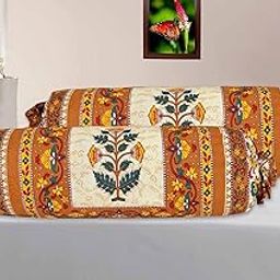 Special Flora Print Bolster Cover 100% Cotton Set of 2 | Round Decorative Pillow Cover for Diwan & Bedside | Masand Pillowcases (16 * 32) (Mustard)-25