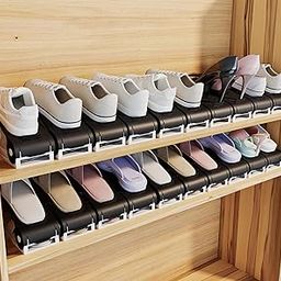 NYALKARAN Adjustable Shoe Organizer Rack Space Saver Double Deck Shoe Shelf, Plastic Slots Holder for Closet Storage and Organization (Black & White, Pack of 20)-7