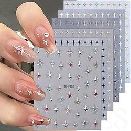 THR3E STROKES 6 Sheets Star Nail Stickers for Nail Art, 3D Glitter Shiny Gold Silver White Black Stars Nail Art Design Decals Self-Adhesive Star Stickers DIY Nail Decals Nail Tips (D18)-image-61