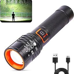 FABUNIK Rechargeable Torch, Aircraft Aluminum Body, Telescopic Zoom, Water Resistant Flashlight with Multiple Light Modes (Black)-2