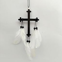 Dream Catcher Jiyu Creation Crisma Cross Sign White Them Wall Hanging Car Front Mirror Hanger/Car Rear View/Decorative Wall Hanging for Home,Temple Made with Acrylic Material with Feathers-0