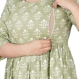 Women's Floral Print Cotton Nursing Dress, Light Green with White Motif, Empire Waist-image-96