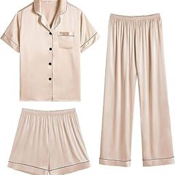 Polyster 3 Pieces Pajama Set for Women, Girls | Half Sleeve Luxurious Silk & Comfortwear Shirt Pant Nightwear Set Lounge Wear- Beige-image-2