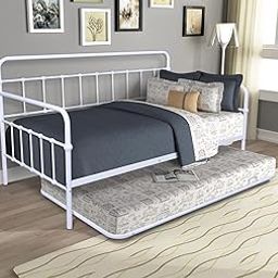 WOODORION Metal Daybed with Trundle for Living Room | Space Saving Single Bed with Pull Out Guest Bed | Modern Iron Frame Sofa Cum Bed for Home, Hostel & Bedroom (White)-image-25
