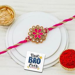 eCraftIndia Beautiful Golden Pink Flower Designer Rakhi for Brother | Raksha Bandhan Rakhi for Bhaiya Bhabhi Bhai Kids | Best Bro Ever Fridge Magnet | Roli Chawal Pack-image-87