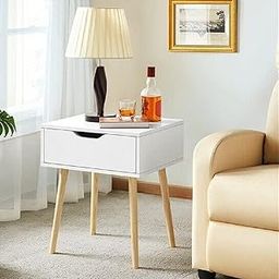 Nightstand Bedroom White Beside Table Made of MDF, Night Stand with 1 Drawers end Table for Bedroom/Living Room-White-26