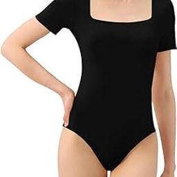 Women's Square Neck Short Sleeve Bodysuit Slim Fit Sexy Body Suit Basic Jumpsuit Shirts-image-95