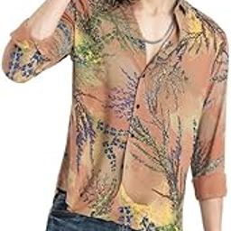 Fuji Flower Spread Collar Printed Slim Fit Shirt Brown-image-27