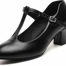 Womens Character Shoes t-Strap Shoes Dancing Shoes Ladies Dress Shoes Leather Salsa Dance Heels, Black, 9.5-image-19
