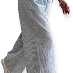 Striped Wide Leg Pants, Drawstring, Casual Palazzo Trousers, Blue and White-image-99