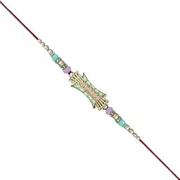 Stylish Mint Pink Rakhi with Beaded Accents and Golden Motif – Red Thread-49