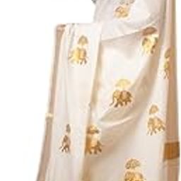Women's Kerala Kasavu Embroidry Cotton Saree With Running Blouse Piece (Elephant Peacock Design)(Saree 5.5 meter, Blouse 0.8 meter)-image-16