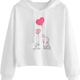 Women's Fabric Digital Baby Elephant Print White Crop Top Casual Solid Hoodie Neck Long Sleeve Stylish-image-91