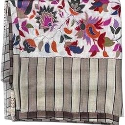 Floral Print fine wool shawlwith Striped Border, Multicolor, Grey beige and White Stripes-picture-40