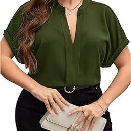 Women's V-Neck Short Sleeve Blouse, Casual Loose Fit Top-picture-44