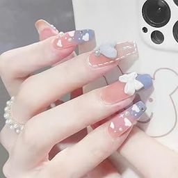 Secret Lives Glossy Reusable Artificial Translucent Purple Color with Cloud Patches & 3D Bow Stud and Heart Design Press on Nails with Kit-13
