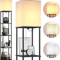 SUNMORI 5 Tier Metal Floor Lamp with Wooden Shelves/Square Lamp with 3 Adjustable Color Mode/Standing Night Lamps for Living-Study Room/Home Decor/Bedroom/Corner Display Book & Vase Shelf/(Black)-image-46