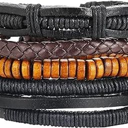 Leather Vintage Biker Cotton Thread Wood Strap Hamsa Hand Peace Owl Leaf Stackable Multi-strand Wrist Band Bracelet Combo Pack Of 2 Boys Men's-image-1