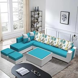 FURNY Erra 8 Seater Fabric LHS L Shape Sofa Set with 1 Centre Table & 2 Puffy (Aqua Blue-Light Grey)-image-98