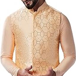 Mens Waistcoat, Nude Cotton Blend, Embellished Regular Fit Mandarin Collar Sleeveless-image-54