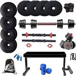 Bodyfit Home Gym Set (16kg -100kg) Weight Plate +Multi Extension Barbell Rod, 2 Dumbbell Rods+ Leg Extension Flat Bench for Home Workouts, 1kg PVC Dumbell. (70Kg Weight Set)-image-35