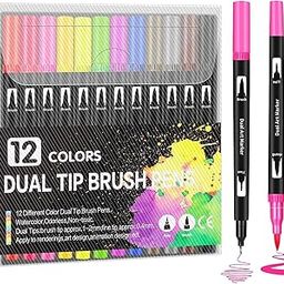 Corslet 12 Pcs Dual Tip Brush Pens Felt Tip Pen Set 12 Colors, Colouring Pens Art Markers for Kids and Adults, Colouring Book, Art Supplies Fineliner Tip Brush Marker-image-57