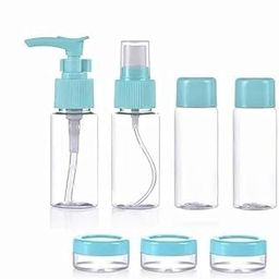 Travel Size Toiletry Bottles Set, 7 Pieces, Clear Plastic with Turquoise Caps, Spray and Pump Dispenser-picture-48