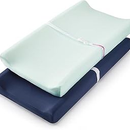 TILLYOU Jersey Knit Ultra Soft Changing Pad Cover Set, Unisex Diaper Change Table Sheets for Baby Boys Girls, Fit 32"/34'x16" Contoured Pad, Comfy Cozy 2-Pack Cradle Sheets, Navy Blue & Lt Green-12