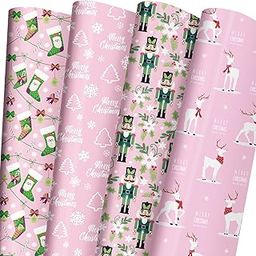 ZINTBIAL Pink Christmas Wrapping Paper for Kids Adults - Xmas Wrapping Paper with Nutcracker, Stockings, Reindeer, Christmas Trees Designs - 28 x 40 Inches, 6 Jumbo Sheets - Easy to Store-image-9
