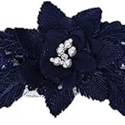 Womens Garter Elegant Elastic Flower Pearl Lace Garter for Wedding(White&Navy)-image-61