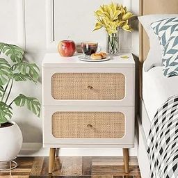 Rudra Home Decor Rattan Nightstand, 2-Drawer End Table, White Finish, Side Table for Small Spaces, Modern Farmhouse Wooden Bedside Table, Boho Mid-Century Coastal Storage Cabinet-image-17