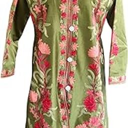 Kashmiri aari embroidery silk coat for women with attach lining || Green color || L: 42" B: 23" Sleeves: 21" Pockets:2-picture-40